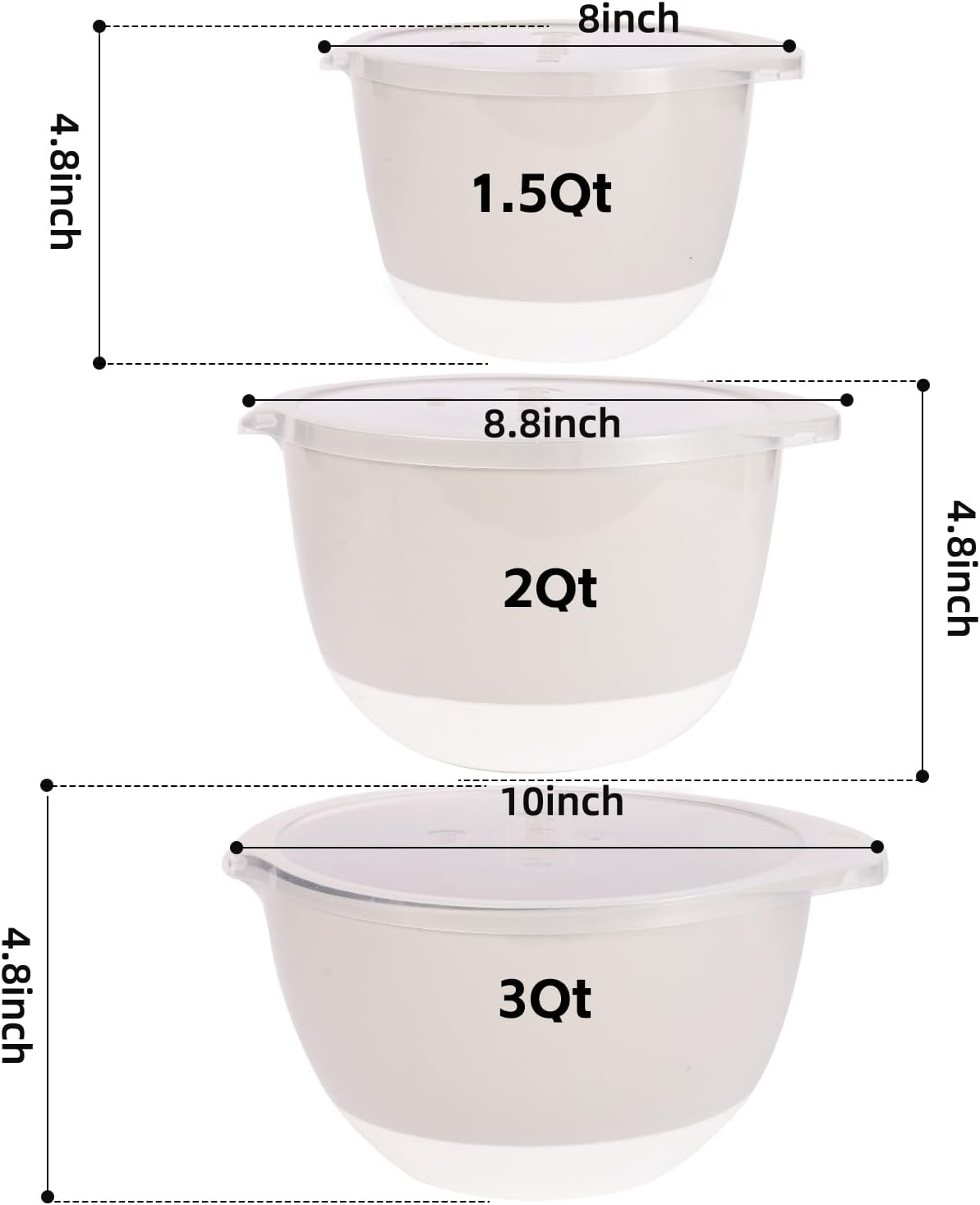 3 Plastic Mixing Bowls with Lids,Pour Spout,TPR Bottom,Mixing Bowl Set,Deep Nesting Small Batter Bowl for Serving,Prep,Baking,Non Slip,Dishwasher Safe,Easy to Grip/Spout,Pale Blue