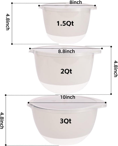 3 Plastic Mixing Bowls with Lids,Pour Spout,TPR Bottom,Mixing Bowl Set,Deep Nesting Small Batter Bowl for Serving,Prep,Baking,Non Slip,Dishwasher Safe,Easy to Grip/Spout,Pale Blue