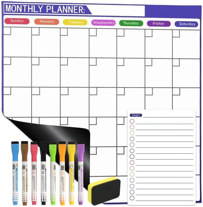 Monthly Magnetic Calendar for Refrigerator - 17"x17" Dry Erase Board, Large Writing Space, 8 Markers & Eraser - Family Schedule Planner, Stain-Resistant with Strong Magnets (Sunday Start)