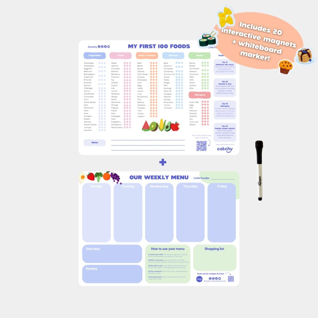 CATCHY - My First 100 Foods Tracker + Our Weekly Menu Set - 1 Magnetic Whiteboard Checklist, 1 Food Planner, 20 Fridge Magnets + 1 Marker - For Introducing Solids & Weekly Meal Planning - Reusable