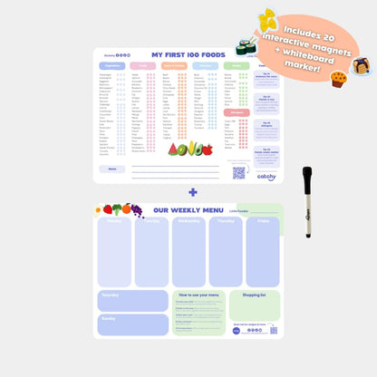 CATCHY - My First 100 Foods Tracker + Our Weekly Menu Set - 1 Magnetic Whiteboard Checklist, 1 Food Planner, 20 Fridge Magnets + 1 Marker - For Introducing Solids & Weekly Meal Planning - Reusable