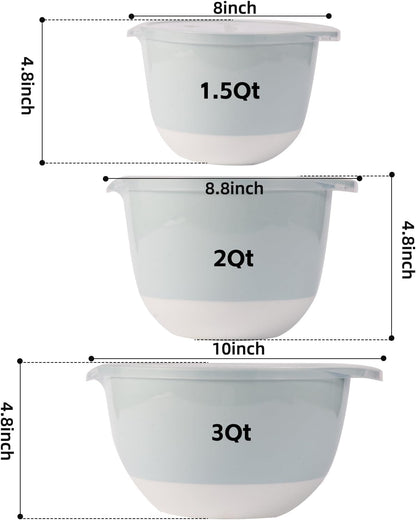 3 Plastic Mixing Bowls with Lids,Pour Spout,TPR Bottom,Mixing Bowl Set,Deep Nesting Small Batter Bowl for Serving,Prep,Baking,Non Slip,Dishwasher Safe,Easy to Grip/Spout,Pale Blue