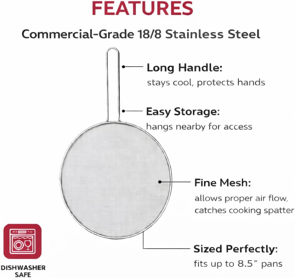 HIC Kitchen Splatter Screen, 18/8 Stainless Steel with Fine Mesh, 9-Inch, Fits Up To 8.5-Inch Pans