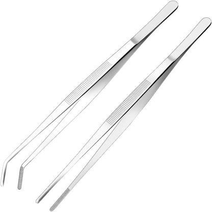 Kitchen Tweezers Stainless Steel 8 Inch Long Tweezers Tongs, Heavy Duty large food tweezers with Precision Serrated Tips for Cooking(8" Straight+Curved)