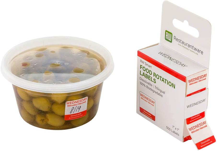 Restaurantware RW Smart 1 Inch x 1 Inch Food Rotation Labels 500 Dissolvable Food Safety Labels - Premium Trilingual Green Paper Day Of The Week Labels For Food Storage Or Prep Friday