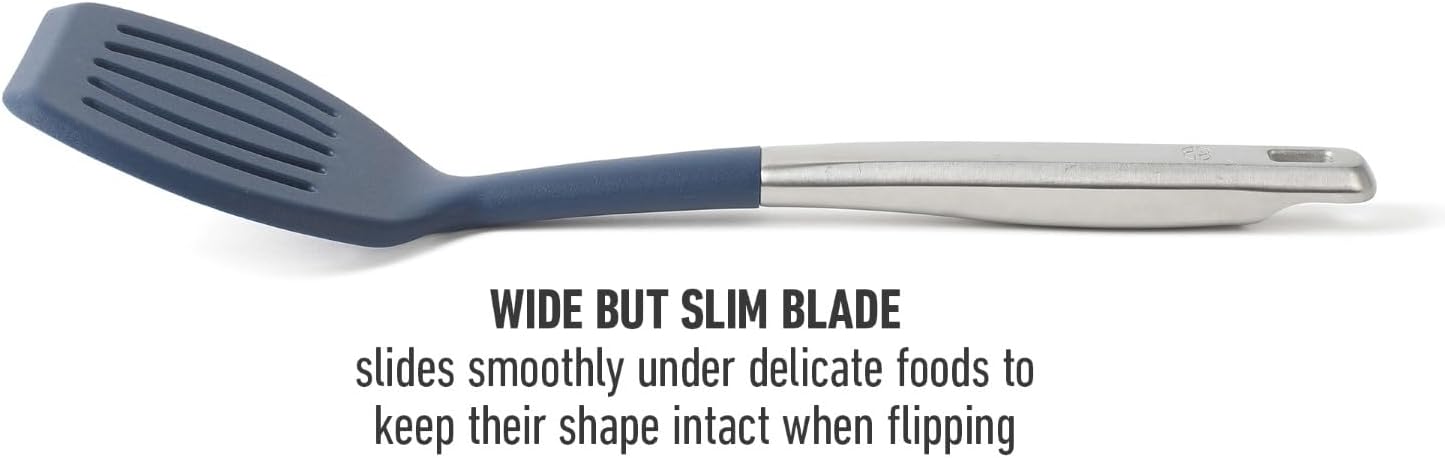Calphalon Slotted Turner, Kitchen Flipping Spatula, Slotted Spatula, Stainless Steel Turner with Silicone Heat Resistance Handle, Nonstick-Safe Spatula for Draining and Flipping (Navy)