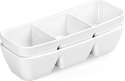 Ceramic Divided Serving Tray 11 Inch, 3 Compartment White Condiment Tray Set of 2, Stackable Chip and Dip Serving Dish for Entertaining, Appetizer Snack Platter for Party Holiday Game Day
