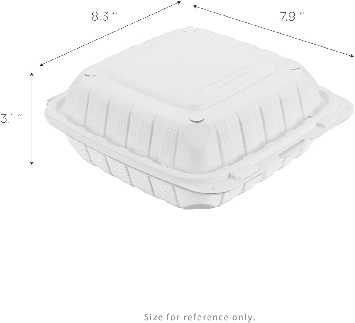 KARAT EARTH Clamshell Take Out Food Containers [8"x8" - 200 ct] To Go Containers | 3 Compartment, Soak-Resistant, Durable, Stackable | Vented for Hot/Cold Foods, White