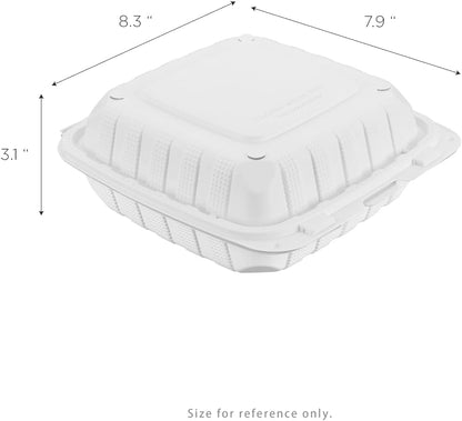 KARAT EARTH Clamshell Take Out Food Containers [8"x8" - 200 ct] To Go Containers | 3 Compartment, Soak-Resistant, Durable, Stackable | Vented for Hot/Cold Foods, White