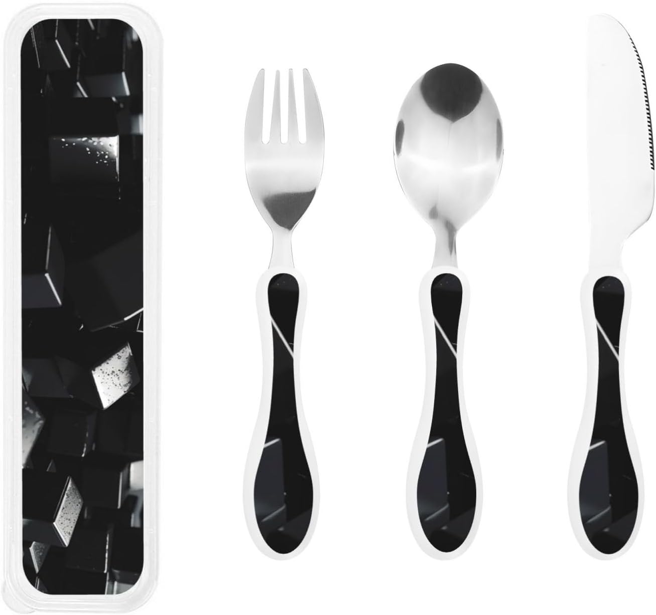 3-Piece Kids Silverware Set With Storage Case, Stainless Steel Reusable Children Safe Knife Spoon Fork Set Black And White Grid Children Flatware Set For Kids Lunch Box