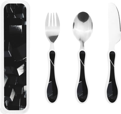 3-Piece Kids Silverware Set With Storage Case, Stainless Steel Reusable Children Safe Knife Spoon Fork Set Black And White Grid Children Flatware Set For Kids Lunch Box