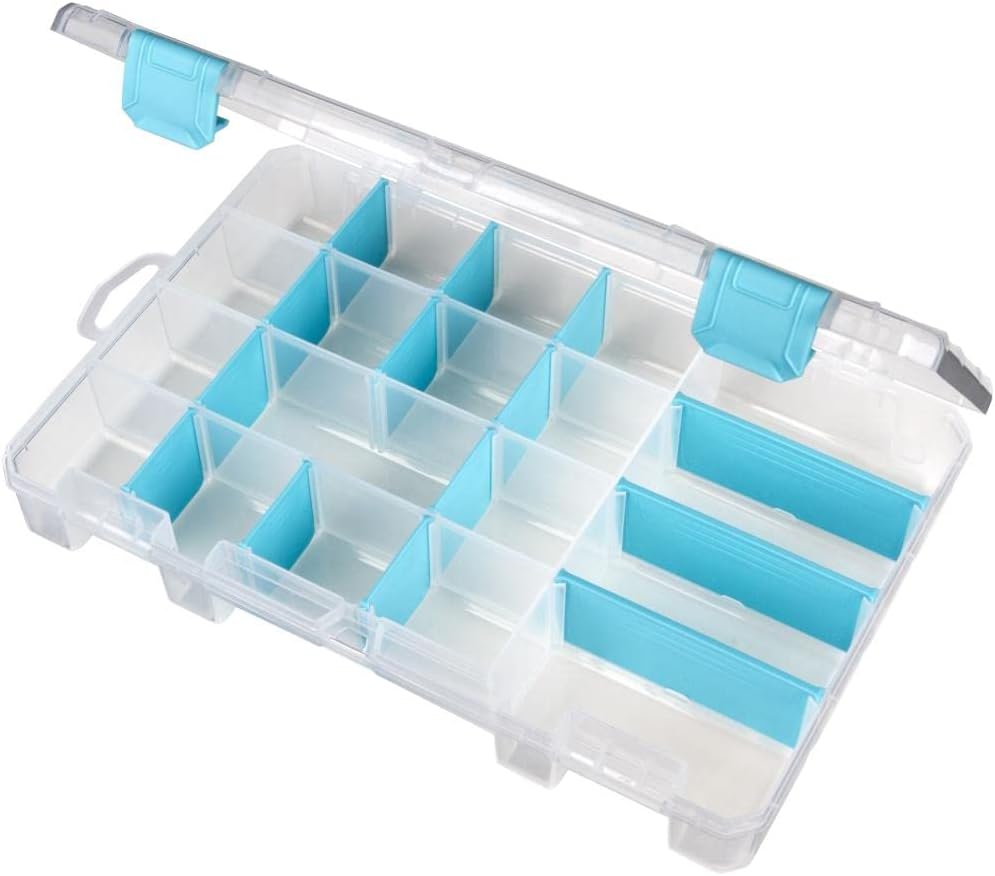 ArtBin 6944AG Medium Anti-Tarnish Box with 15 Removable Dividers, Jewelry & Craft Organizer, 1 Plastic Storage Case with Anti-Tarnish Technology, Clear with Aqua Accents 10.875” x 7.0” x 1.75”