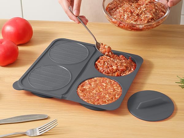 AUOON Silicone Burger Press for 4.5" 1/4-1/3 lb Patties - 4 in 1 Hamburger Press Patty Maker for Kitchen BBQ, Non-Stick Burger Patty Mold for Beef Veggie, Dishwasher Safe & Freezer Storage (Red)