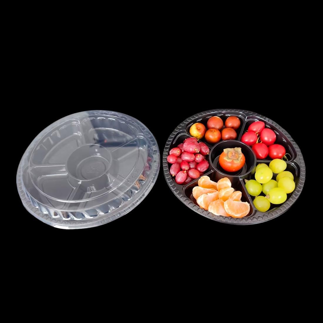 Black Plastic Appetizer Trays with Lids, Travel Round Disposable Compartment Serving Platters,6 Sectional Catering Trays for Vegetable Salad Food for Fruit Veggie Snack Food Containers (12 Pack)