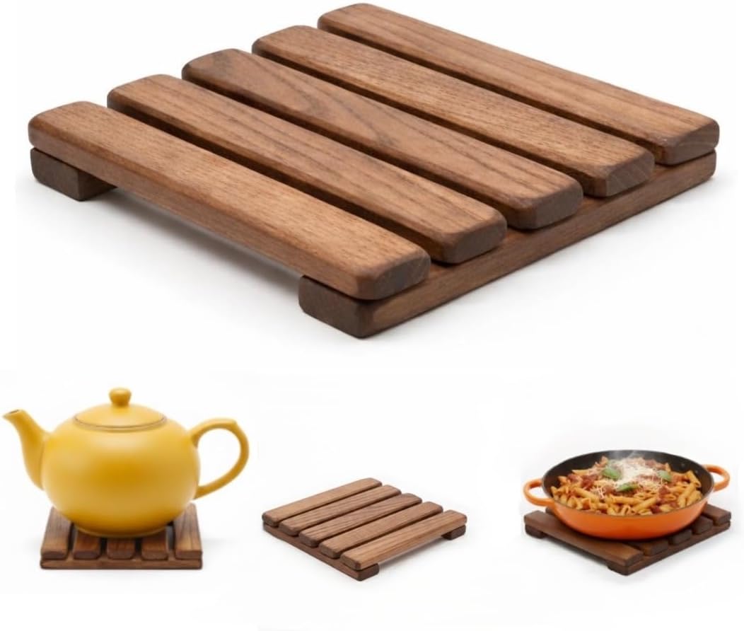 Wooden Trivet – Trivets for Hot Pots and Pans, Heat Resistant Solid Acacia Wood, Durable Kitchen & Table Protector, Premium Handmade – LO-MAS [5.9 × 5.9 in]