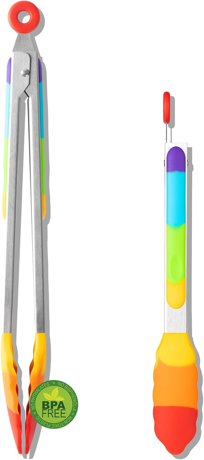 OYV Seamless Tongs for Cooking, One-Piece Design, Durable Heat Resistant Stainless Steel Tongs for Kitchen, Grill, BBQ, Salad, Dishwasher Safe, Metal Tongs Set (12" & 9")