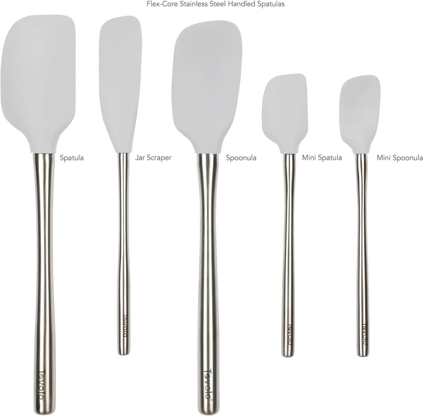 Tovolo Flex Core 5 Piece Silicone Spatula Set Heat Resistant All Silicone Utensils Include Non Stick Spatula Spoonula Jar Scraper, Dishwasher Safe BPA Free Spatulas for Baking Mixing, White