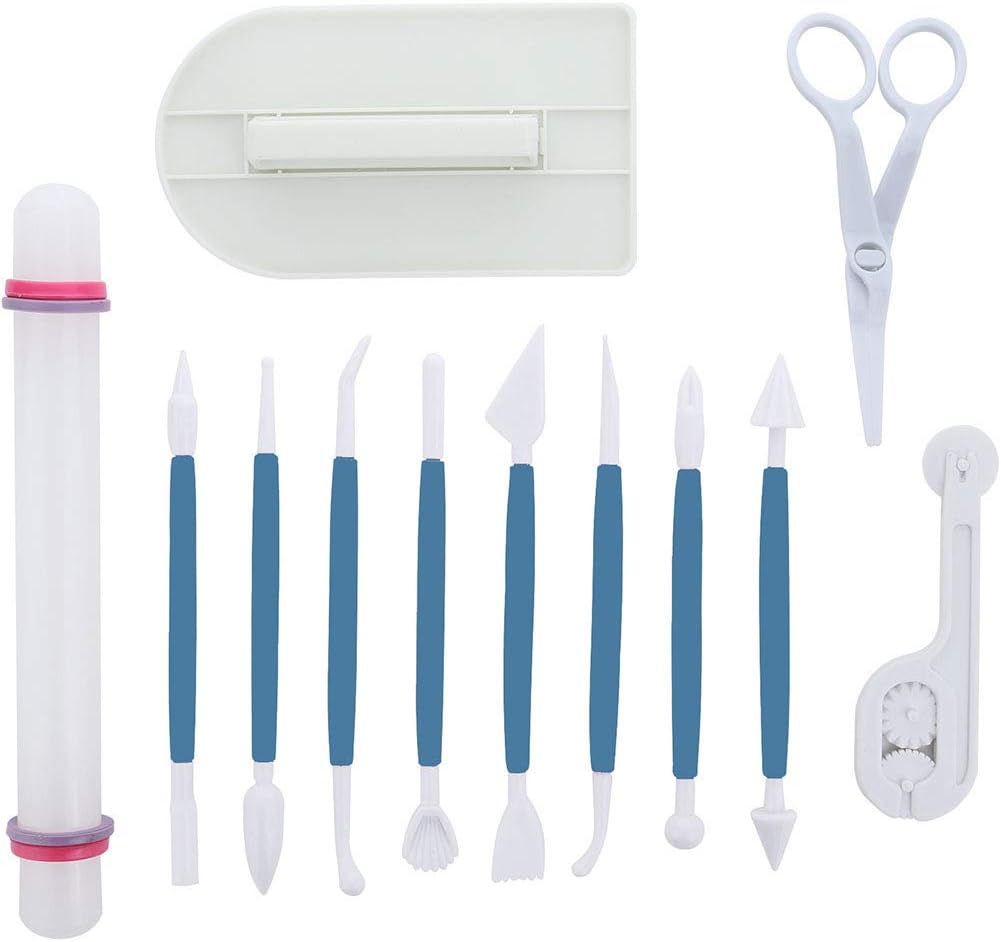 ScivoKaval Marshmallow Fondant Cake Decorating Hand Tool 12 Pcs 5 Sets Sugarcraft Gumpaste Icing Smoother Rolling Pin Trimmer Cutter Embosser Flower Scissor Modelling Accessories Supplies Kit Multi