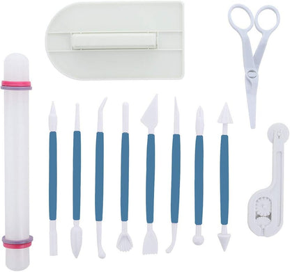 ScivoKaval Marshmallow Fondant Cake Decorating Hand Tool 12 Pcs 5 Sets Sugarcraft Gumpaste Icing Smoother Rolling Pin Trimmer Cutter Embosser Flower Scissor Modelling Accessories Supplies Kit Multi