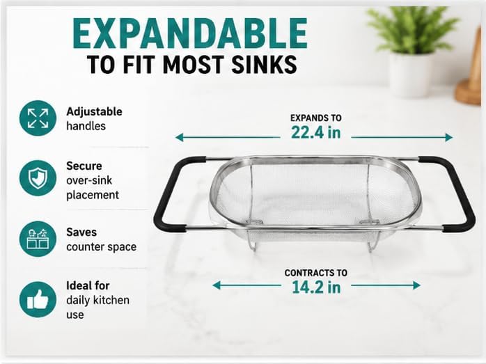 Expandable Over Sink Colander, Stainless Steel Mesh Strainer Basket with Extendable Handles, Kitchen Sink Colander for Washing Fruits, Vegetables, Pasta & Food Draining