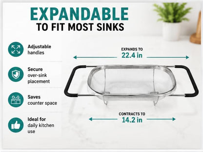 Expandable Over Sink Colander, Stainless Steel Mesh Strainer Basket with Extendable Handles, Kitchen Sink Colander for Washing Fruits, Vegetables, Pasta & Food Draining