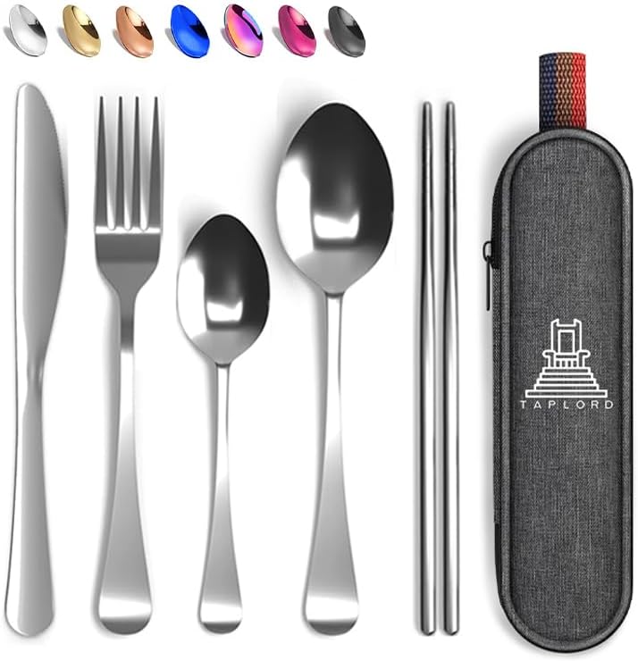 Taplord Portable Travel Silverware Set With Case, Includes 10 Pcs of Travel Utensils With Case, Stainless Steel Flatware Set For Camping, Lightweight (Multi-Color)