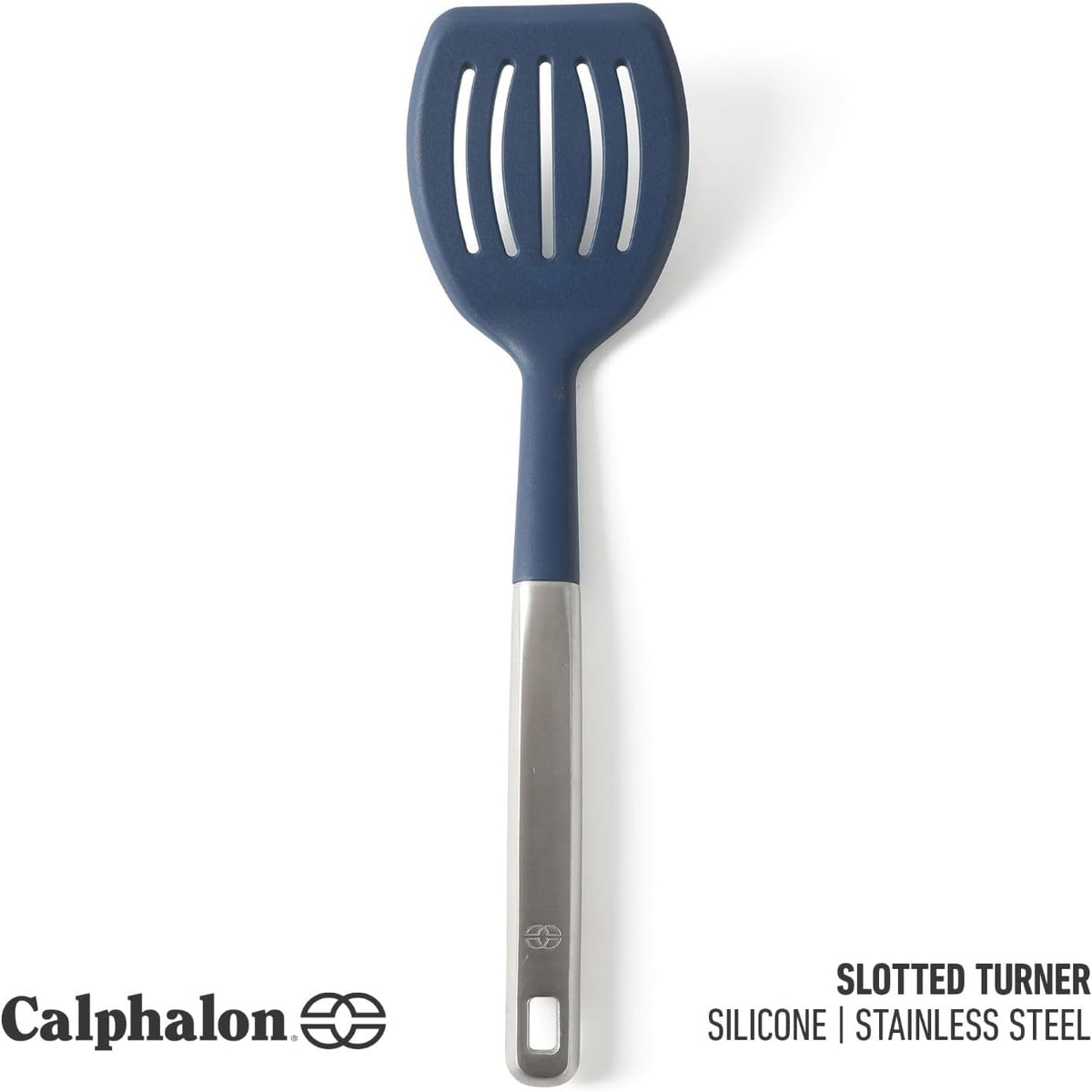 Calphalon Slotted Turner, Kitchen Flipping Spatula, Slotted Spatula, Stainless Steel Turner with Silicone Heat Resistance Handle, Nonstick-Safe Spatula for Draining and Flipping (Navy)