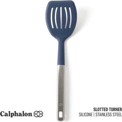 Calphalon Slotted Turner, Kitchen Flipping Spatula, Slotted Spatula, Stainless Steel Turner with Silicone Heat Resistance Handle, Nonstick-Safe Spatula for Draining and Flipping (Navy)