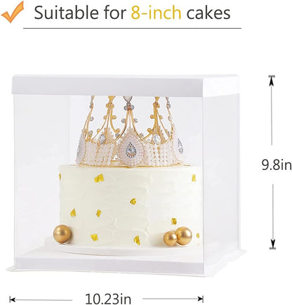 XININSUN 2Pcs Large Cake PET Clear Box, 10" X 10" X 9" with ribbon and pre-folded lid, for 8" cake packing carry, baking cookie display, Carry Tall Layer Gift, Festive Gift Box -White