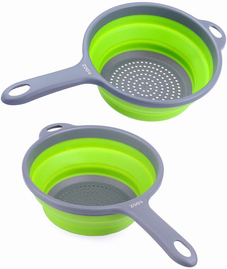 ZOER Kitchen Foldable Pasta Strainers,Collapsible Colanders with Handles,Space-Saver Folding Silicone Strainers Colander,Capacity of 2 quart (Green)