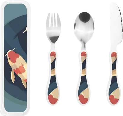 Stainless Steel Kids Silverware Set, Flat Koi Fish Utensil Set Reusable Children Safe Knife Spoon Fork Set With Storage Case Dishwasher Safe For Lunch, Travel Outdoors