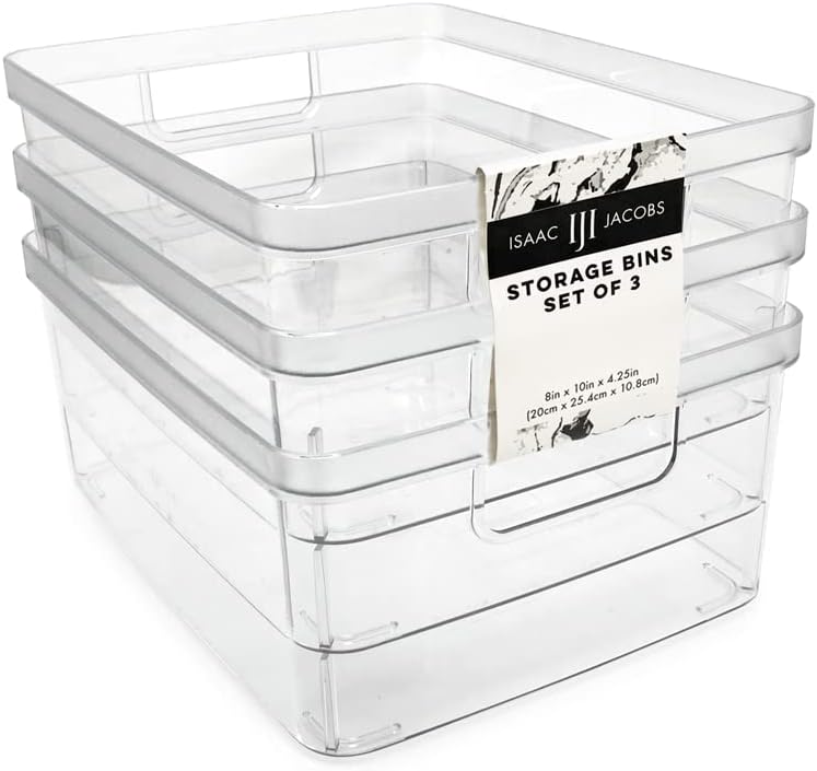 Isaac Jacobs 2-Pack Extra-Large Clear Storage Bins (11.5” L x 14” W x 9” H) w/Cutout Handles, Plastic Organizer for Home, for Kitchen, Fridge, Pantry, BPA Free, Food Safe (2-Pack, Extra-Large)