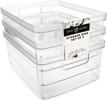 Isaac Jacobs 2-Pack Square Clear Storage Bins (10” L x 10” W x 6.1” H) w/Cutout Handles, Plastic Organizer for Home, Office, Kitchen, Fridge/Freezer, Bathroom, BPA Free, Food Safe (2-Pack, Square)