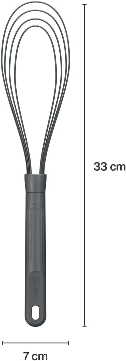 Zyliss Flat Whisk, Sustainable Wheatstraw/Nylon, Cooking Whisk forr Cooking and Serving with Heat Resistant Silicone Head, Beluga Grey, 11.9" x 2.8", Dishwasher Safe, 5 Year Guarantee