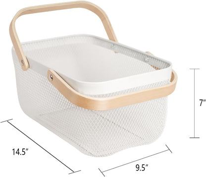Metal Mesh Steel Harvest Basket, Rectangle Wire Garden Basket with Handle – Multi-functional Storage Organizer for Gathering Vegetables, Fruits, Kitchen, Garden, Picnic & Cabinet (Ivory)