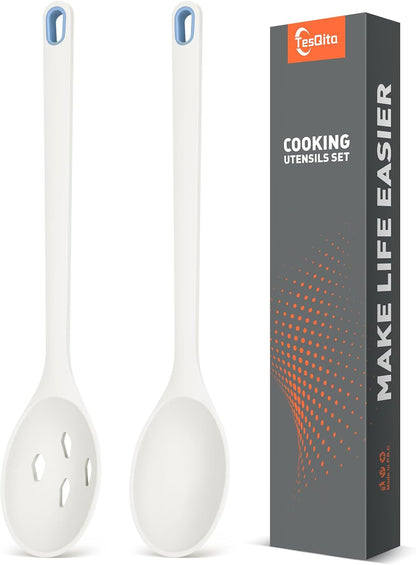 Silicone Cooking Spoon, Solid&Slotted Spoons, 2 Pack (Green)
