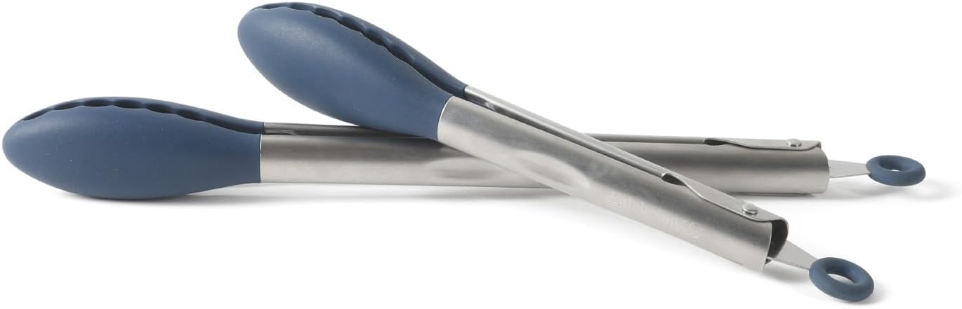 Calphalon Edge Tongs Set, 2-Piece Stainless Steel Kitchen Tongs Set with Silicone Heads, Includes 9-Inch & 12-Inch Heat-Resistant Locking Tongs for Cooking, Grilling & Serving, Taupe