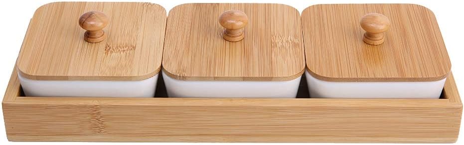 Ceramic Snack Serving Tray Compartment Serving Platter with Lid and Pallets Removable Container Food Storage for Appetizer Condiments Nuts(3 Grid)