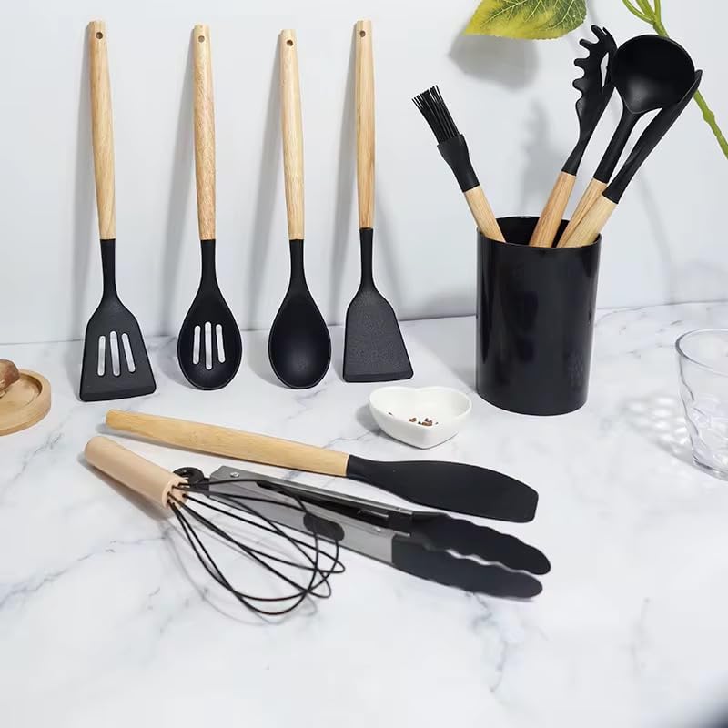 Silicone Kitchen Utensil Set with Holder, 12-Piece, Heat Resistant,Black,Red,Grey Colors Available (Grey)