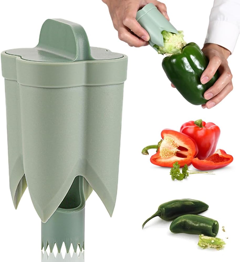 Pepper Seed Corer Remover, 2025 Upgrade 2 in 1 Bell Pepper Cutter Seed Remover Tool, Quick Cut and Deseed Bell Fruit Pepper Corer for Vegetables Kitchen Gadget (1, Green)