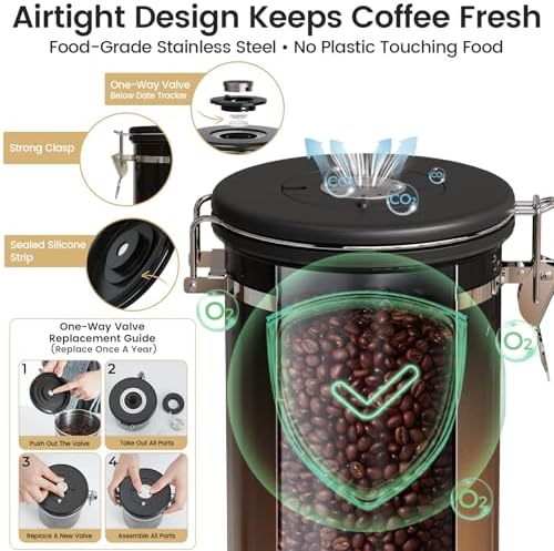 Veken Coffee Canister with Window, Family Choice Awards Winner, Airtight Stainless Steel Home Kitchen Food Storage Container with Lids for Grounds, Beans, Tea, Flour,Cereal,Sugar Jars,Scoop,16OZ,Black