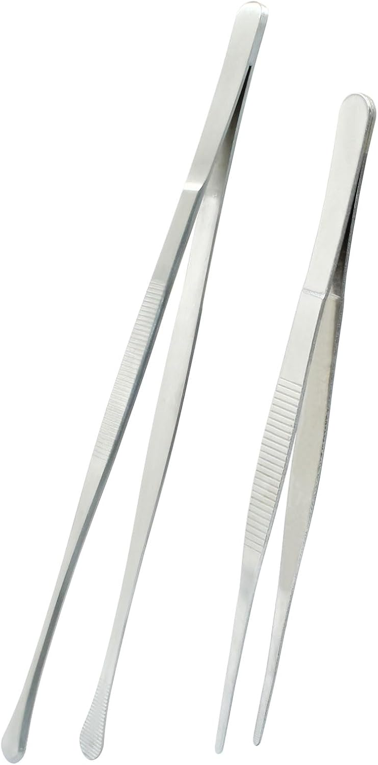 3Pcs Stainless Steel Tweezer Set (8" 10" 12"), Kitchen Tweezers Tongs, Cooking Tweezers with Precision Serrated Straight Tips, Long Handle Food Tweezers for Culinary, Bar, BBQ, Plating