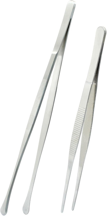3Pcs Stainless Steel Tweezer Set (8" 10" 12"), Kitchen Tweezers Tongs, Cooking Tweezers with Precision Serrated Straight Tips, Long Handle Food Tweezers for Culinary, Bar, BBQ, Plating