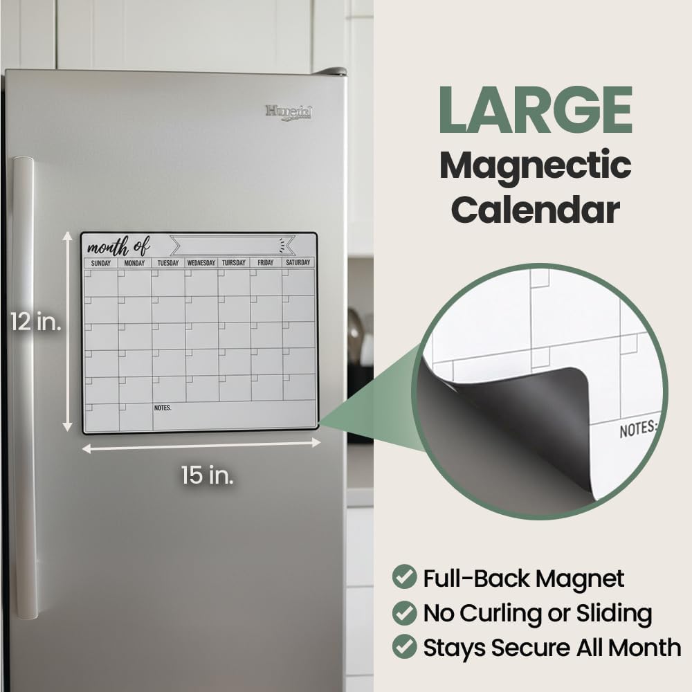 Magnetic Fridge Calendar 15” x 12” – Dry Erase Fridge Calendar with Full-Back Magnet, Monthly Refrigerator Planner Board with Magnetic Pen Holder, 6 Markers & Eraser, Reusable Kitchen Organizer