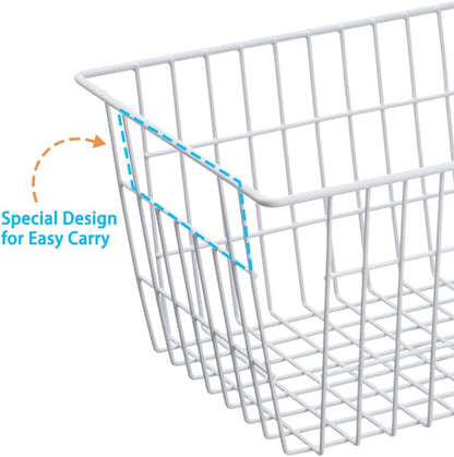 SANNO Freezer Baskets for Storage Pantry Large Metal Wire Food Storage Organizer Bin Basket with Handles - for Kitchen Cabinets, Pantry, Bathroom, Laundry Room, Closets, Garage - Chrome，2 pack