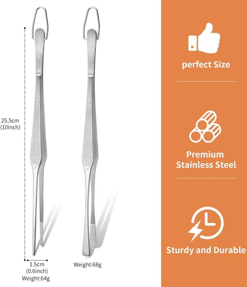 Stainless Steel Cooking Tweezers, 12-Inch Precision Kitchen Tweezers with Star Dot Texture, Wider Grip & Elevated Tips | Galaxy Grip Series, 2 Pcs (Black)