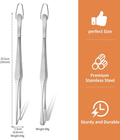 Stainless Steel Cooking Tweezers, 12-Inch Precision Kitchen Tweezers with Star Dot Texture, Wider Grip & Elevated Tips | Galaxy Grip Series, 2 Pcs (Black)