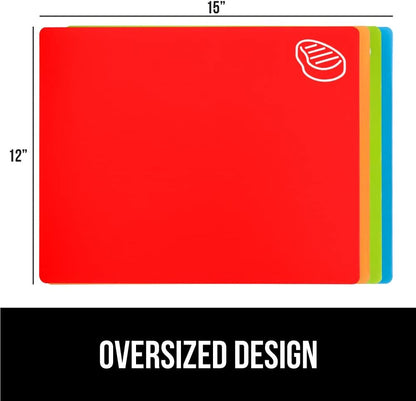 GORILLA GRIP 100% BPA-Free Flexible Cutting Board Set of 5, Durable Plastic Mats with Food Icons for Meal Prepping, Large and Mini Kitchen Chopping Mat, Use for Meat Fish Vegetables Fruit, Multicolor
