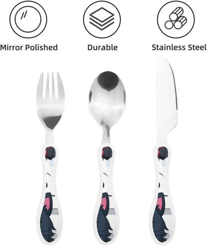 3-Piece Kids Silverware Set With Storage Case, Stainless Steel Reusable Children Safe Knife Spoon Fork Set Cute Kittens Children Flatware Set For Kids Lunch Box