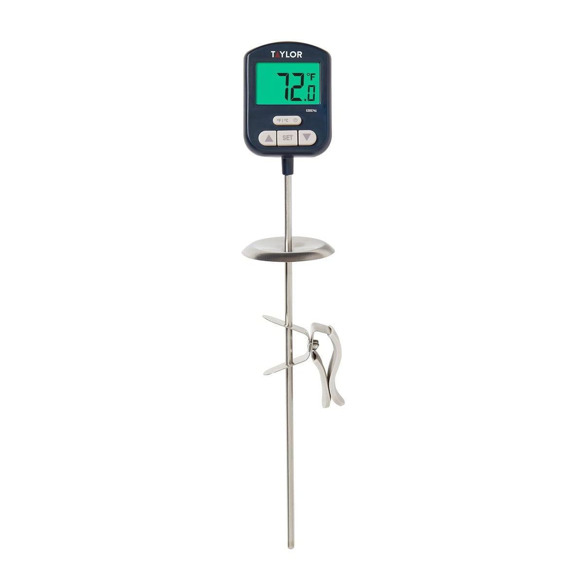 Taylor Programmable Digital Candy and Deep Fry Thermometer with Green Light Alert Display, Long Stem, and Adjustable Pan Clip, White